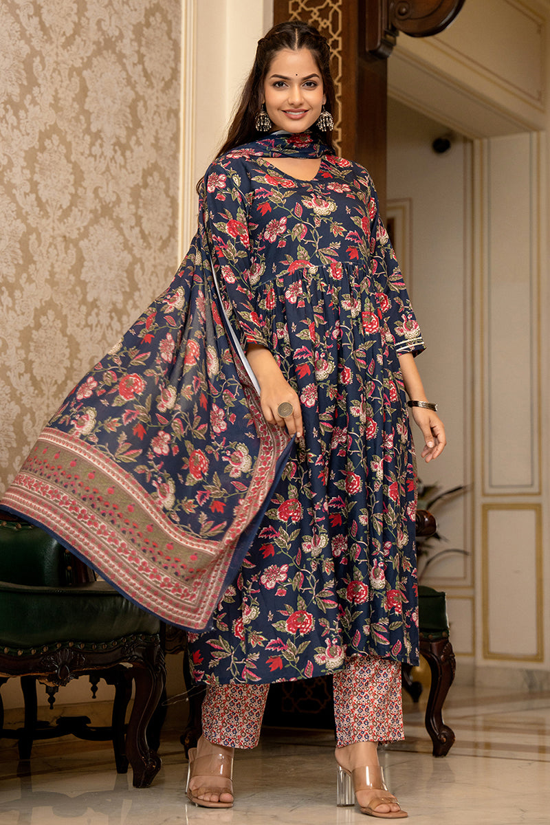 Women's Navy Blue Rayon Blend Floral Printed A-Line Kurta Trouser With Dupatta