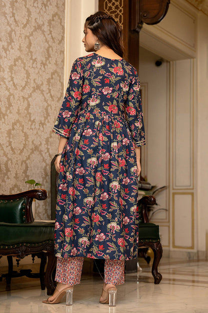 Women's Navy Blue Rayon Blend Floral Printed A-Line Kurta Trouser With Dupatta