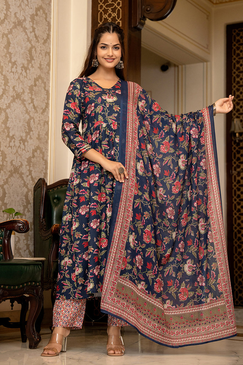 Women's Navy Blue Rayon Blend Floral Printed A-Line Kurta Trouser With Dupatta