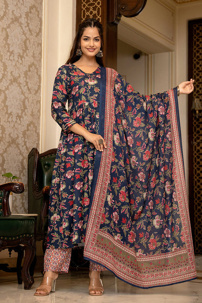 Women's Navy Blue Rayon Blend Floral Printed A-Line Kurta Trouser With Dupatta