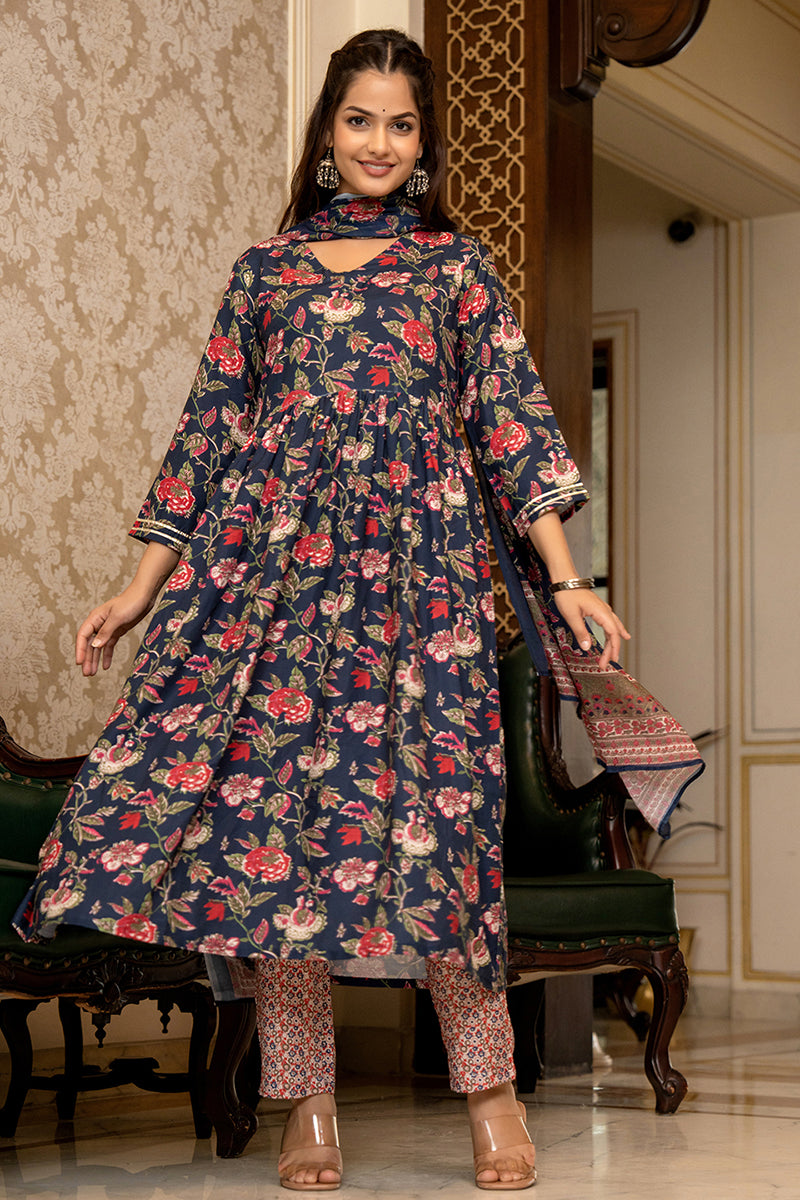 Women's Navy Blue Rayon Blend Floral Printed A-Line Kurta Trouser With Dupatta