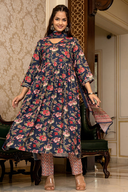 Women's Navy Blue Rayon Blend Floral Printed A-Line Kurta Trouser With Dupatta
