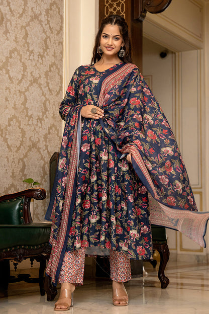 Women's Navy Blue Rayon Blend Floral Printed A-Line Kurta Trouser With Dupatta