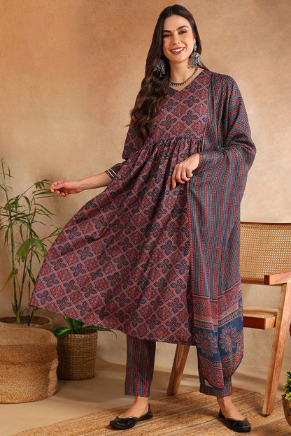 Women's Maroon Rayon Blend Ajrakh Printed A-Line Kurta Trouser With Dupatta