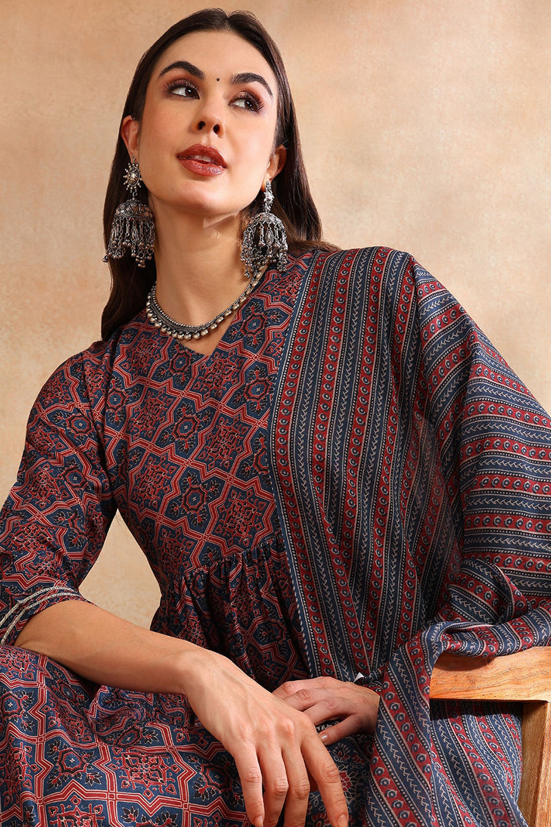 Women's Maroon Rayon Blend Ajrakh Printed A-Line Kurta Trouser With Dupatta