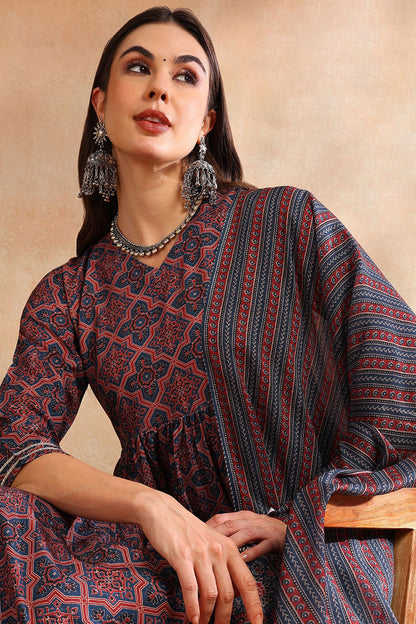 Women's Maroon Rayon Blend Ajrakh Printed A-Line Kurta Trouser With Dupatta