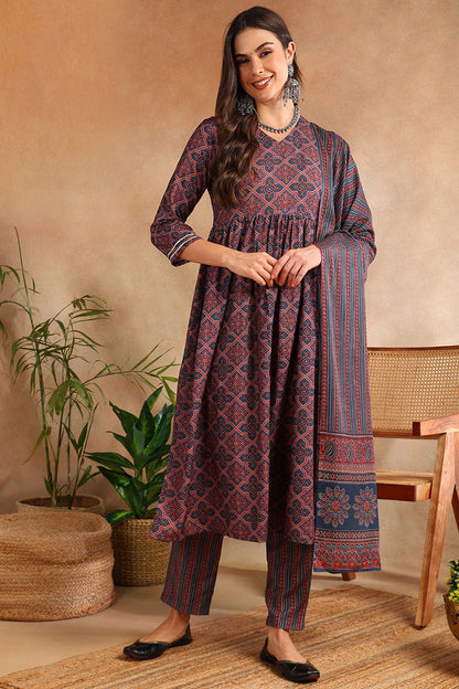 Women's Maroon Rayon Blend Ajrakh Printed A-Line Kurta Trouser With Dupatta