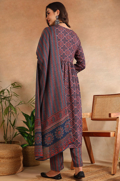 Women's Maroon Rayon Blend Ajrakh Printed A-Line Kurta Trouser With Dupatta