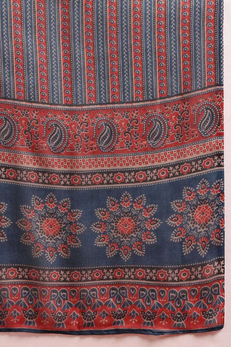 Women's Maroon Rayon Blend Ajrakh Printed A-Line Kurta Trouser With Dupatta