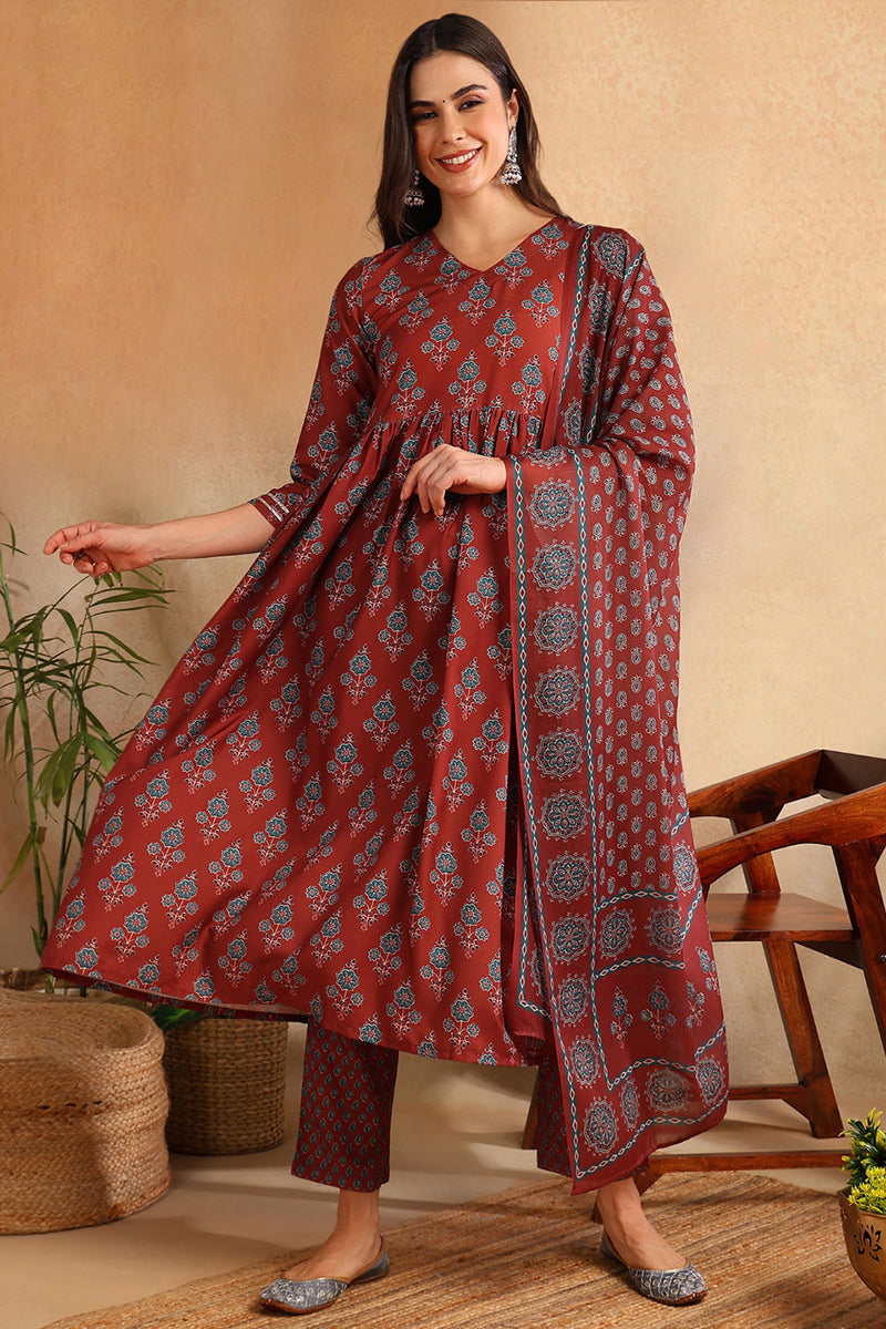 Women's Brown Rayon Blend Floral Printed A-Line Kurta Trouser With Dupatta