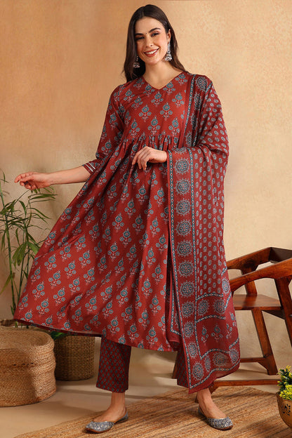 Women's Brown Rayon Blend Floral Printed A-Line Kurta Trouser With Dupatta