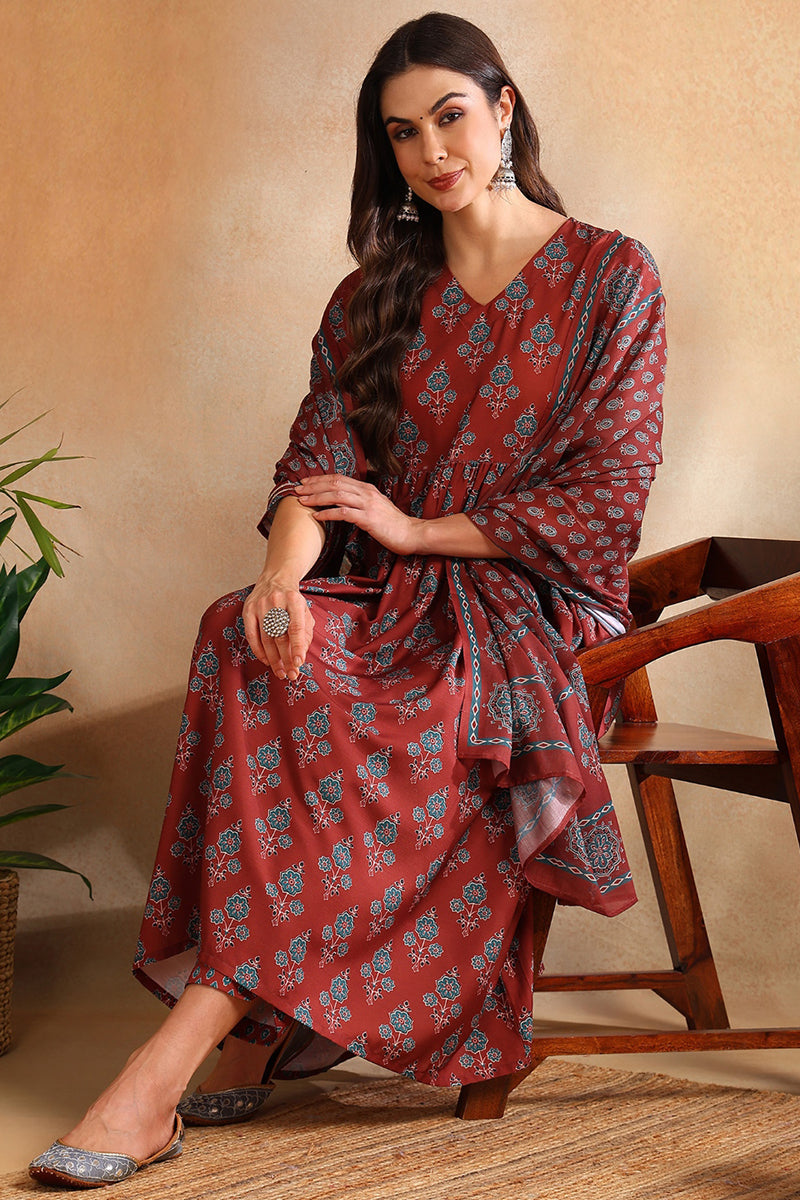 Women's Brown Rayon Blend Floral Printed A-Line Kurta Trouser With Dupatta
