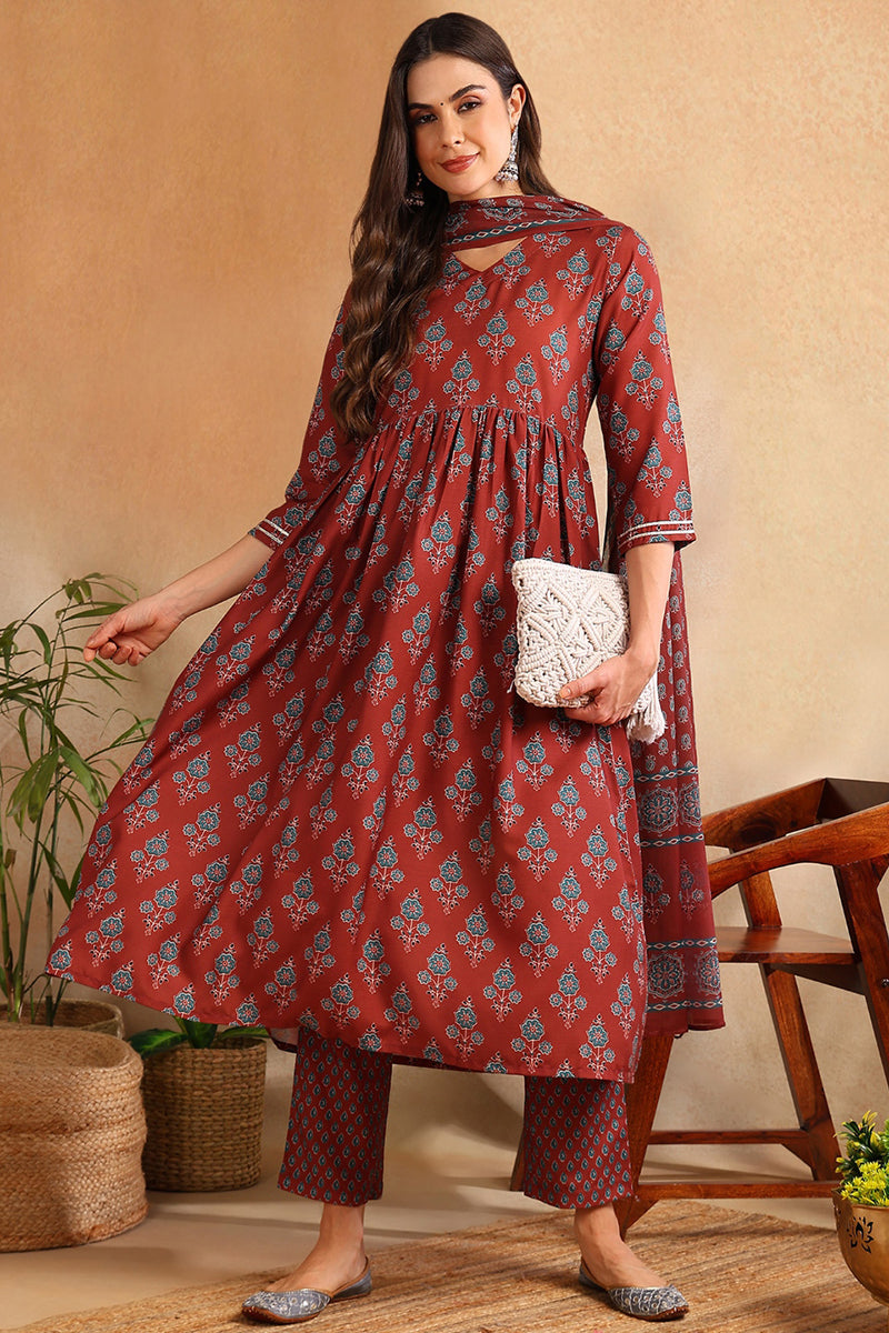 Women's Brown Rayon Blend Floral Printed A-Line Kurta Trouser With Dupatta