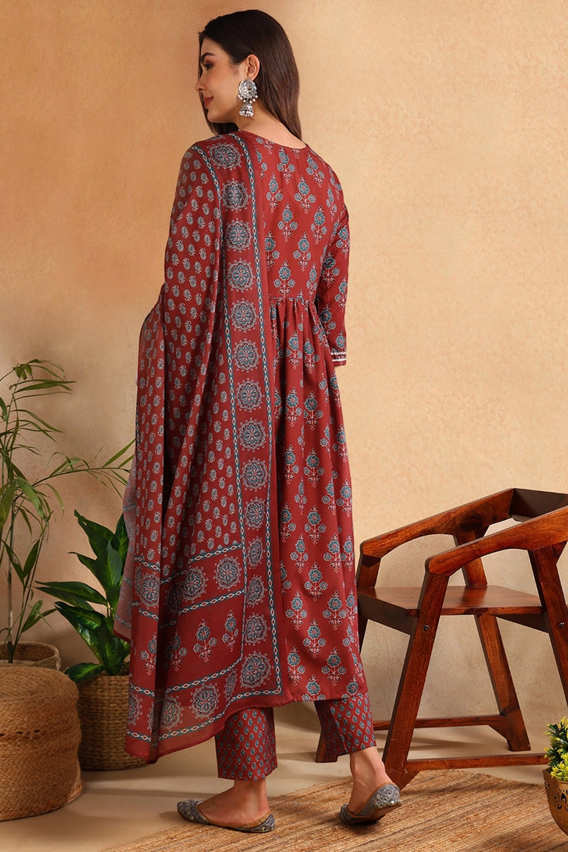 Women's Brown Rayon Blend Floral Printed A-Line Kurta Trouser With Dupatta
