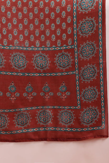 Women's Brown Rayon Blend Floral Printed A-Line Kurta Trouser With Dupatta