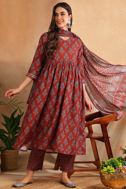 Women's Brown Rayon Blend Floral Printed A-Line Kurta Trouser With Dupatta