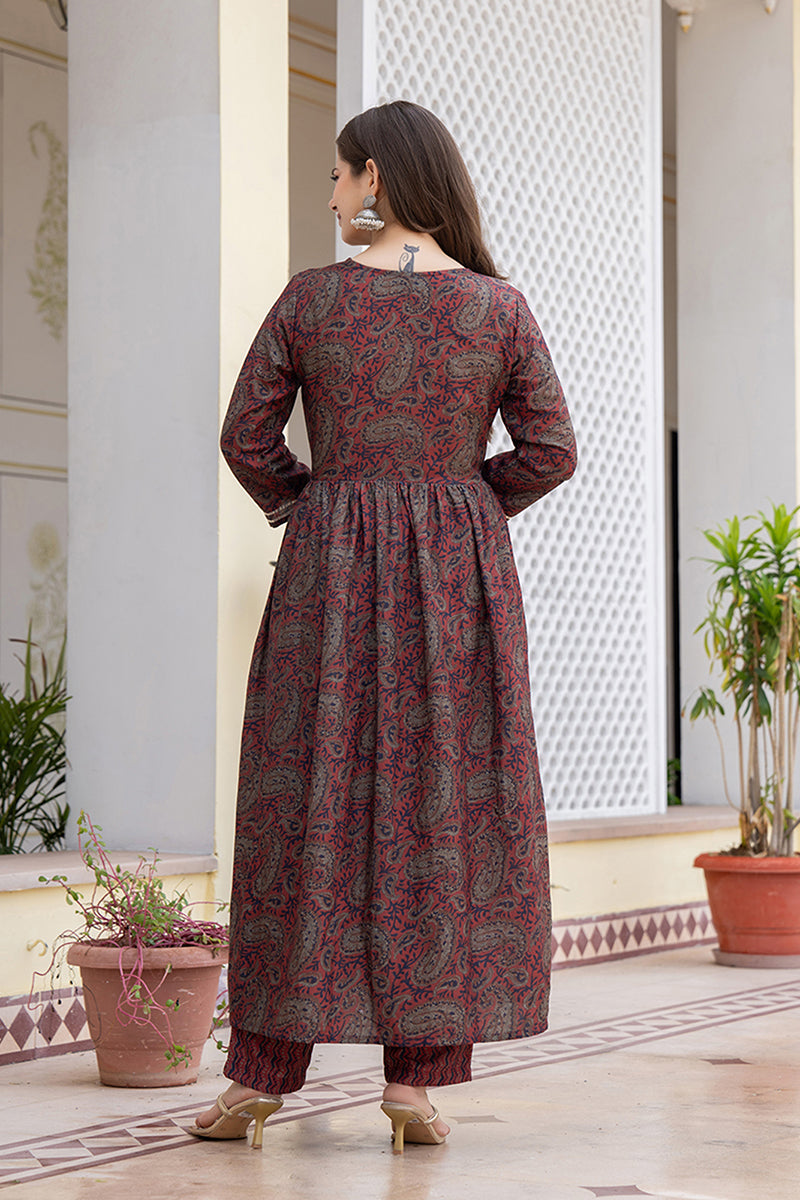 Women's Red Rayon Blend Paisley Printed A-Line Kurta Trouser With Dupatta
