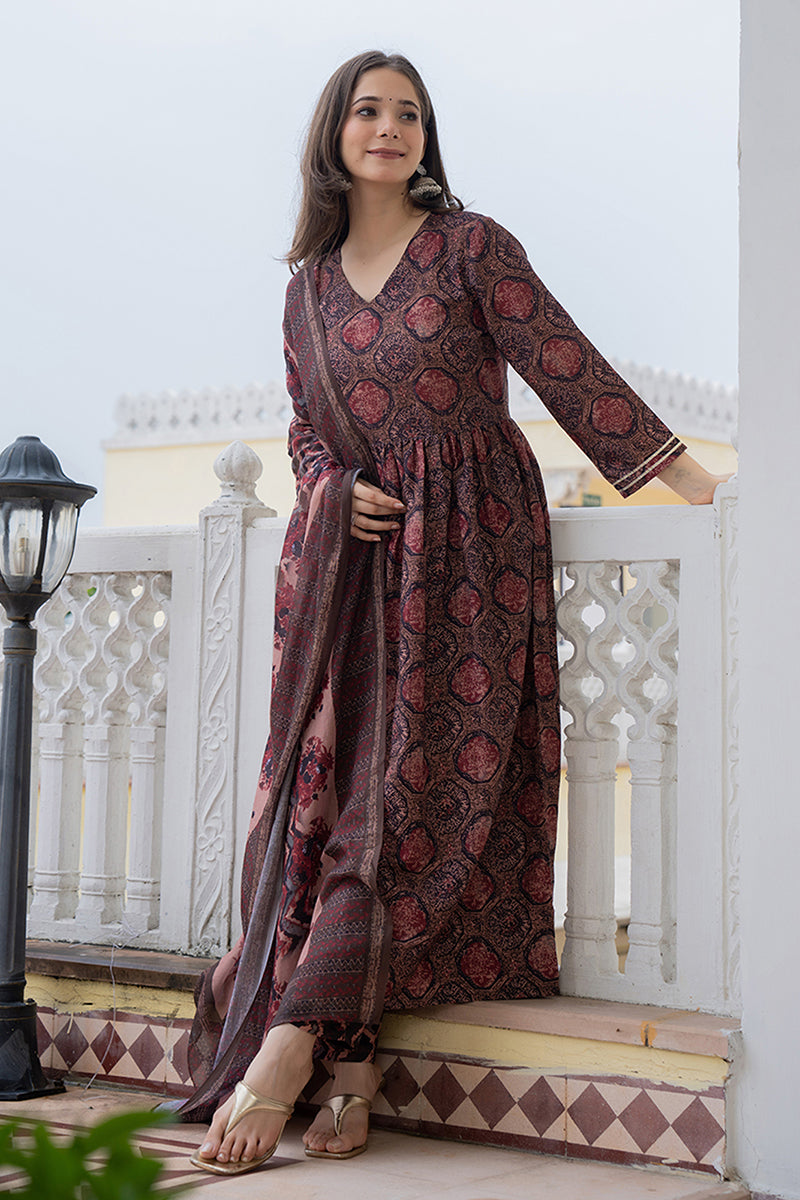 Women's Multi Rayon Blend Ethnic Motifs Printed A-Line Kurta Trouser With Dupatta