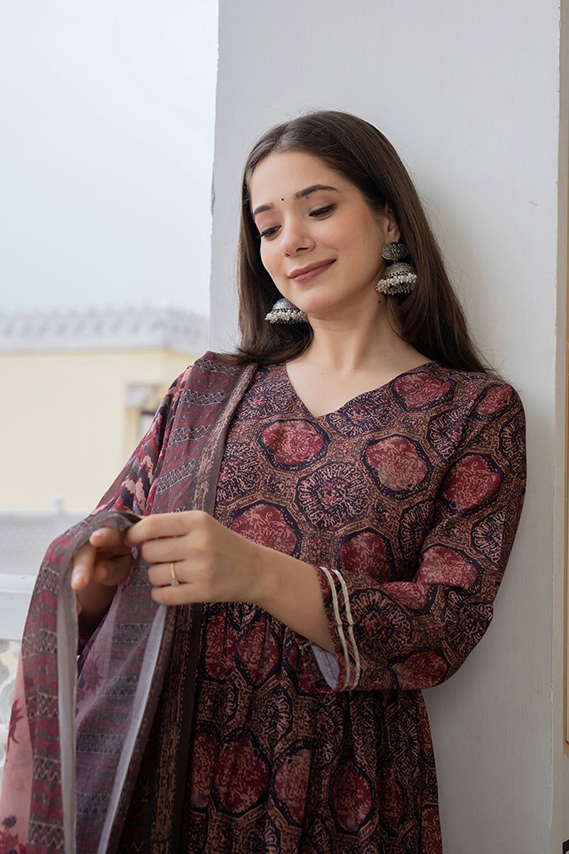 Women's Multi Rayon Blend Ethnic Motifs Printed A-Line Kurta Trouser With Dupatta