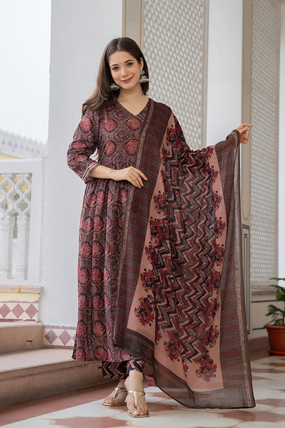 Women's Multi Rayon Blend Ethnic Motifs Printed A-Line Kurta Trouser With Dupatta
