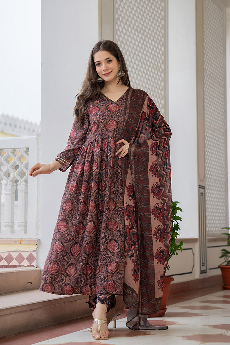 Women's Multi Rayon Blend Ethnic Motifs Printed A-Line Kurta Trouser With Dupatta