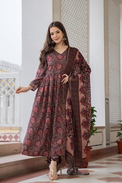Women's Multi Rayon Blend Ethnic Motifs Printed A-Line Kurta Trouser With Dupatta