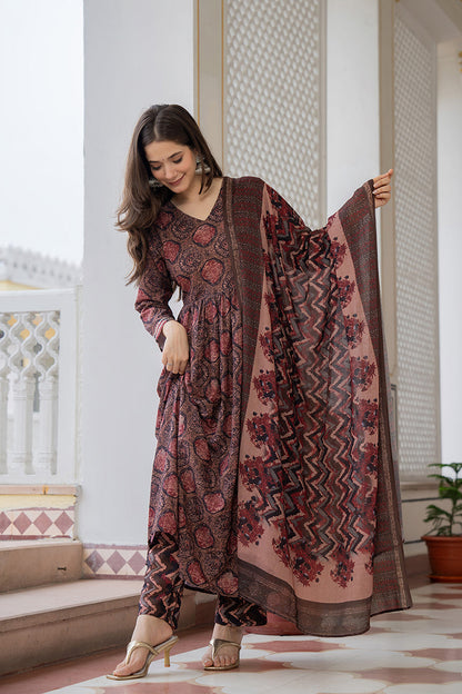Women's Multi Rayon Blend Ethnic Motifs Printed A-Line Kurta Trouser With Dupatta