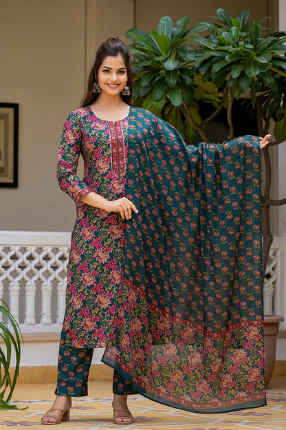 Women's Green Rayon Blend Floral Printed Straight Kurta Trouser With Dupatta