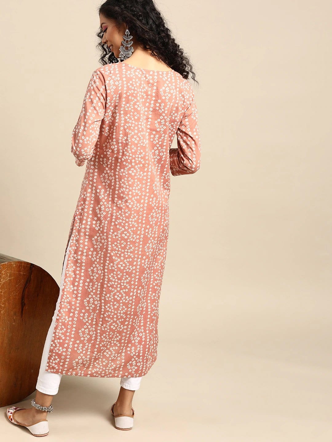 Women's Mauve & White Bandhani Printed Cotton Kurta