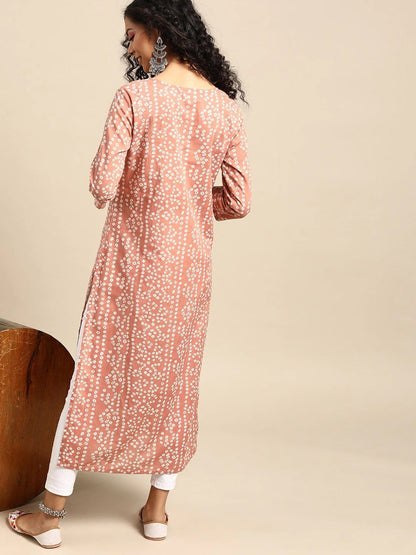 Women's Mauve & White Bandhani Printed Cotton Kurta