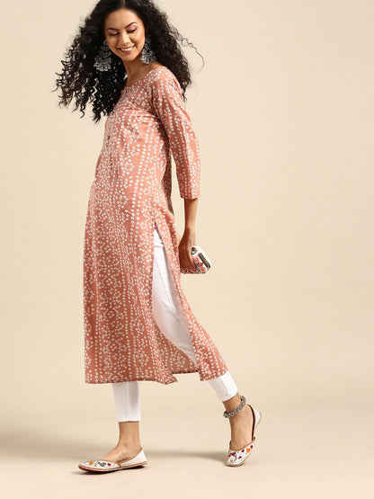 Women's Mauve & White Bandhani Printed Cotton Kurta