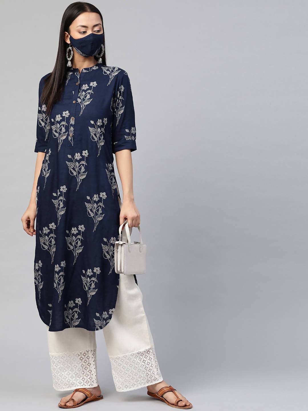 Women's Rayon Slub Bandhani Straight Kurta With Mask