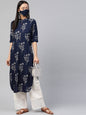 Women's Rayon Slub Bandhani Straight Kurta With Mask