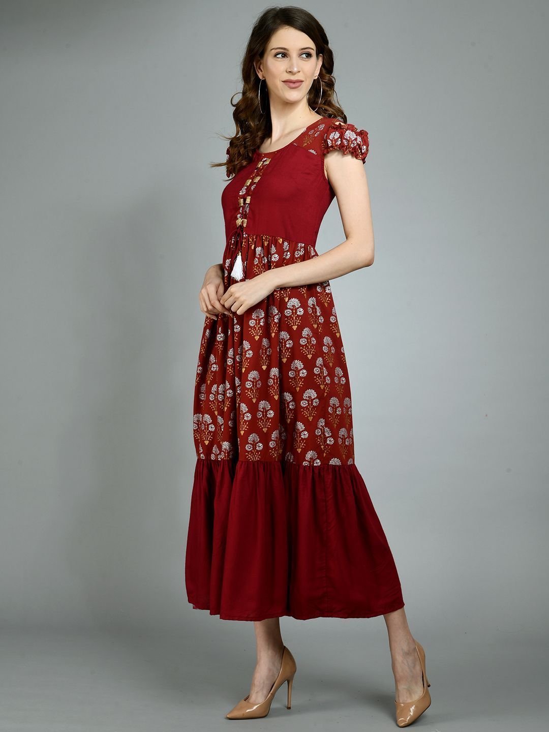 Women's Maroon Cotton Printed Sleeveless Round Neck Casual Dress