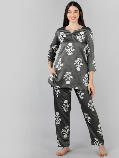 Women's Grey Cotton Floral Printed Night Suit