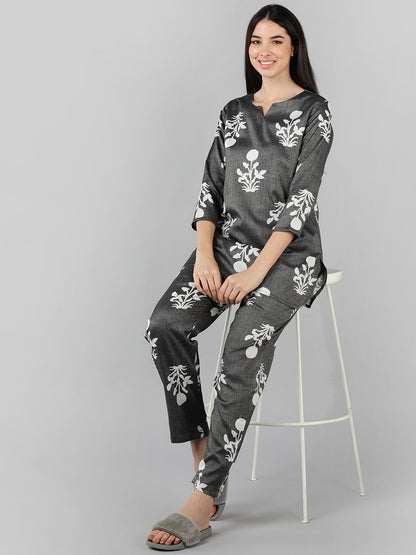 Women's Grey Cotton Floral Printed Night Suit
