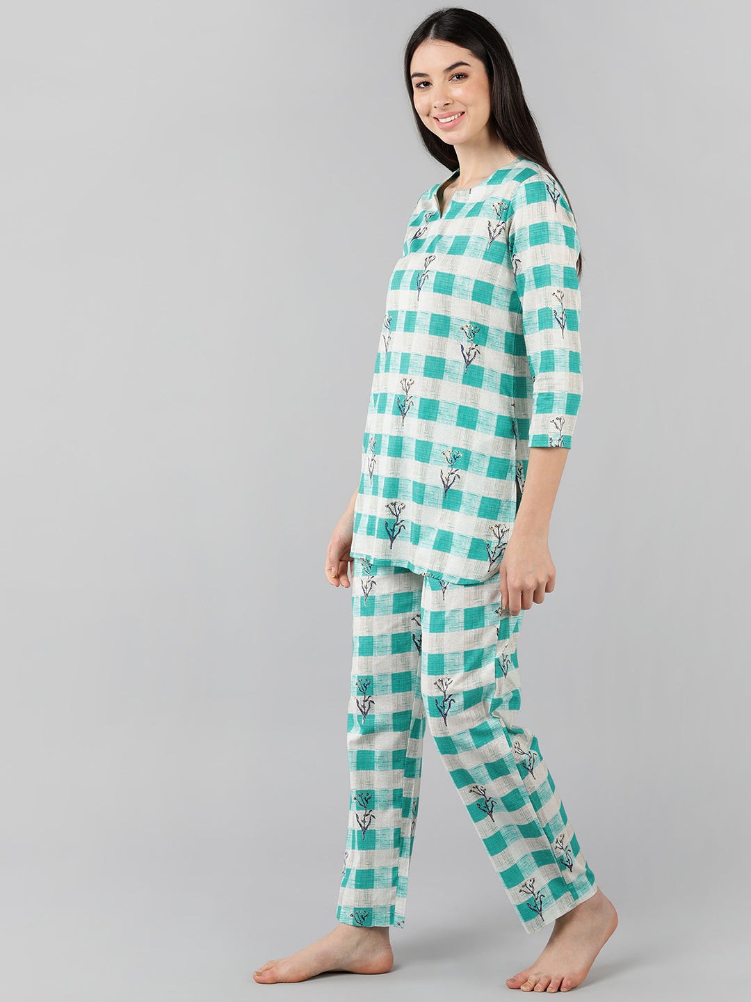Women's Cream Cotton Checked Printed Night Suit