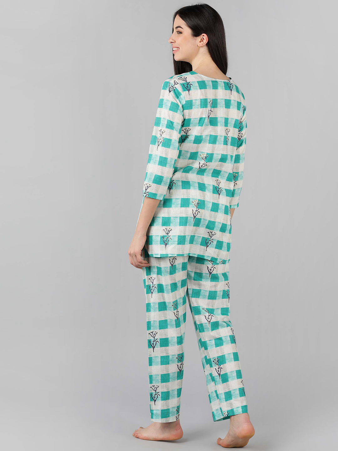 Women's Cream Cotton Checked Printed Night Suit