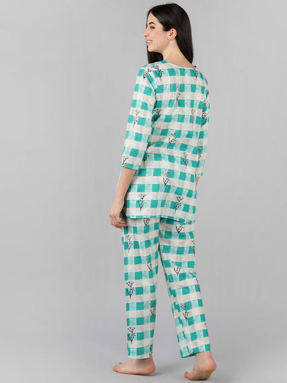 Women's Cream Cotton Checked Printed Night Suit