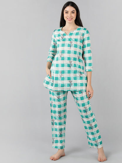 Women's Cream Cotton Checked Printed Night Suit