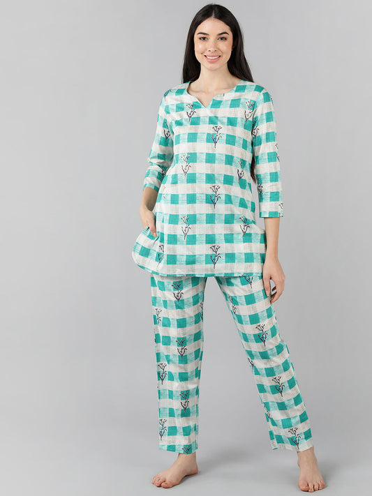 Women's Cream Cotton Checked Printed Night Suit