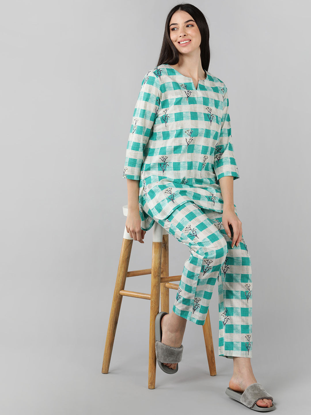 Women's Cream Cotton Checked Printed Night Suit