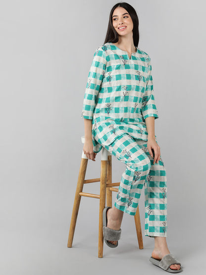 Women's Cream Cotton Checked Printed Night Suit