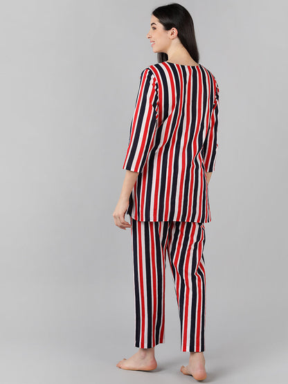 Women's Multi Cotton Striped Printed Night Suit