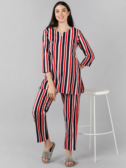 Women's Multi Cotton Striped Printed Night Suit
