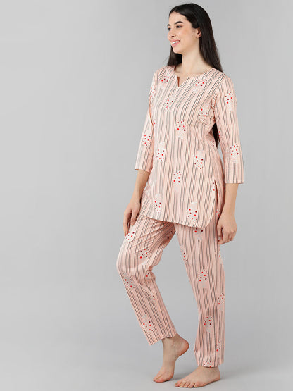 Women's Peach Cotton Striped Printed Night Suit