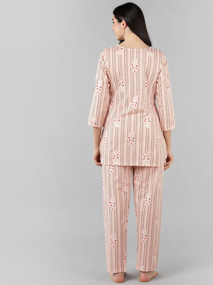 Women's Peach Cotton Striped Printed Night Suit