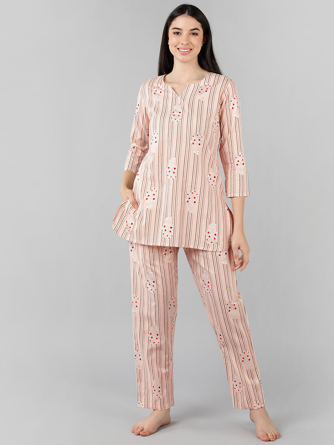 Women's Peach Cotton Striped Printed Night Suit