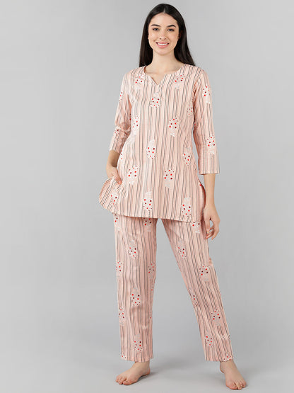 Women's Peach Cotton Striped Printed Night Suit