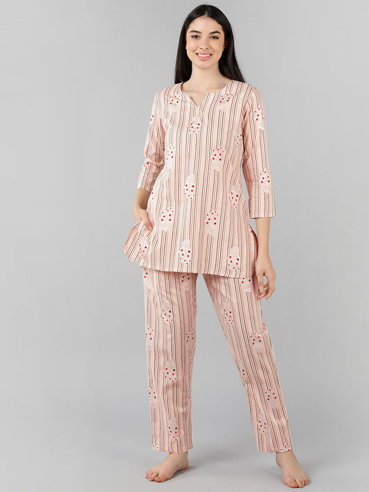 Women's Peach Cotton Striped Printed Night Suit
